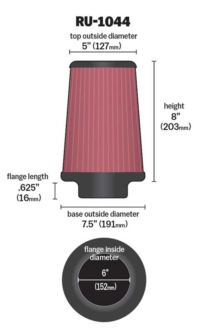 K&N High-Flow Original Lifetime Universal Clamp-On Air Filter: High Performance, Premium, Washable: Flange Diameter: 6 In, Filter Height: 8 In, Flange Length: 0.625 In, Shape: Round Tapered, RU-1044 - Image 2